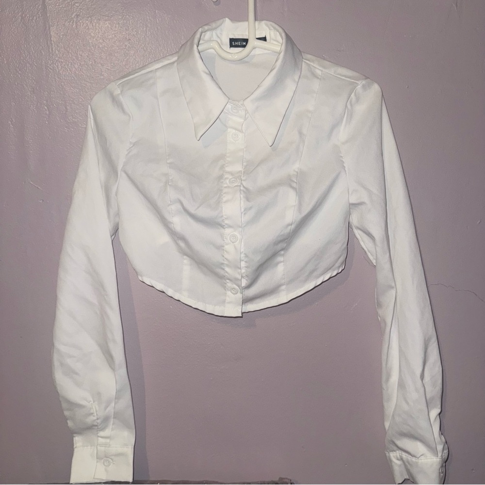 SHEIN White Cuffed Sleeve Cropped Button Down Shirt
